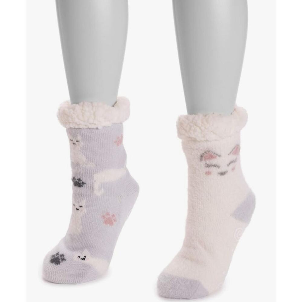 Muk Luks Cat Cabin Cozy Grey Socks Set of 2 Sz Small / Medium